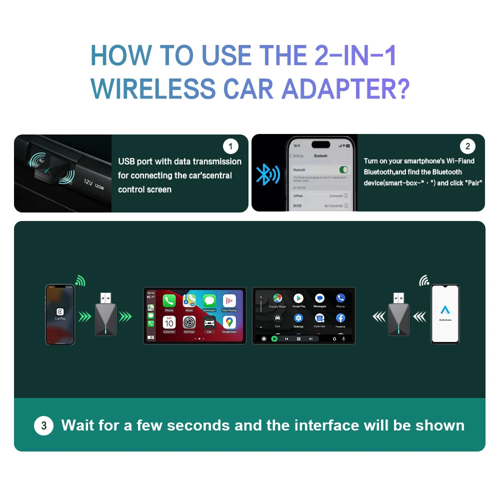 Adaptador Inalámbrico 2 en 1 CarPlay & Android Auto